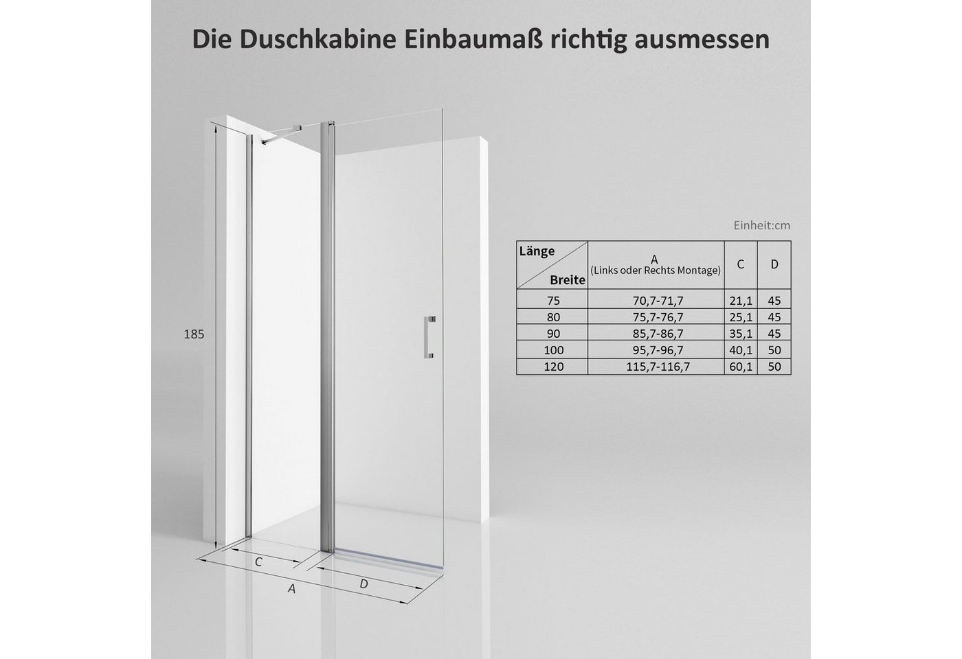 Boromal Duschwand Duschabtrennung Walk in Glaswand Pendeltür für Dusche 6mm ESG Glas 185, Sicherheitsglas, Nano Beschichtung