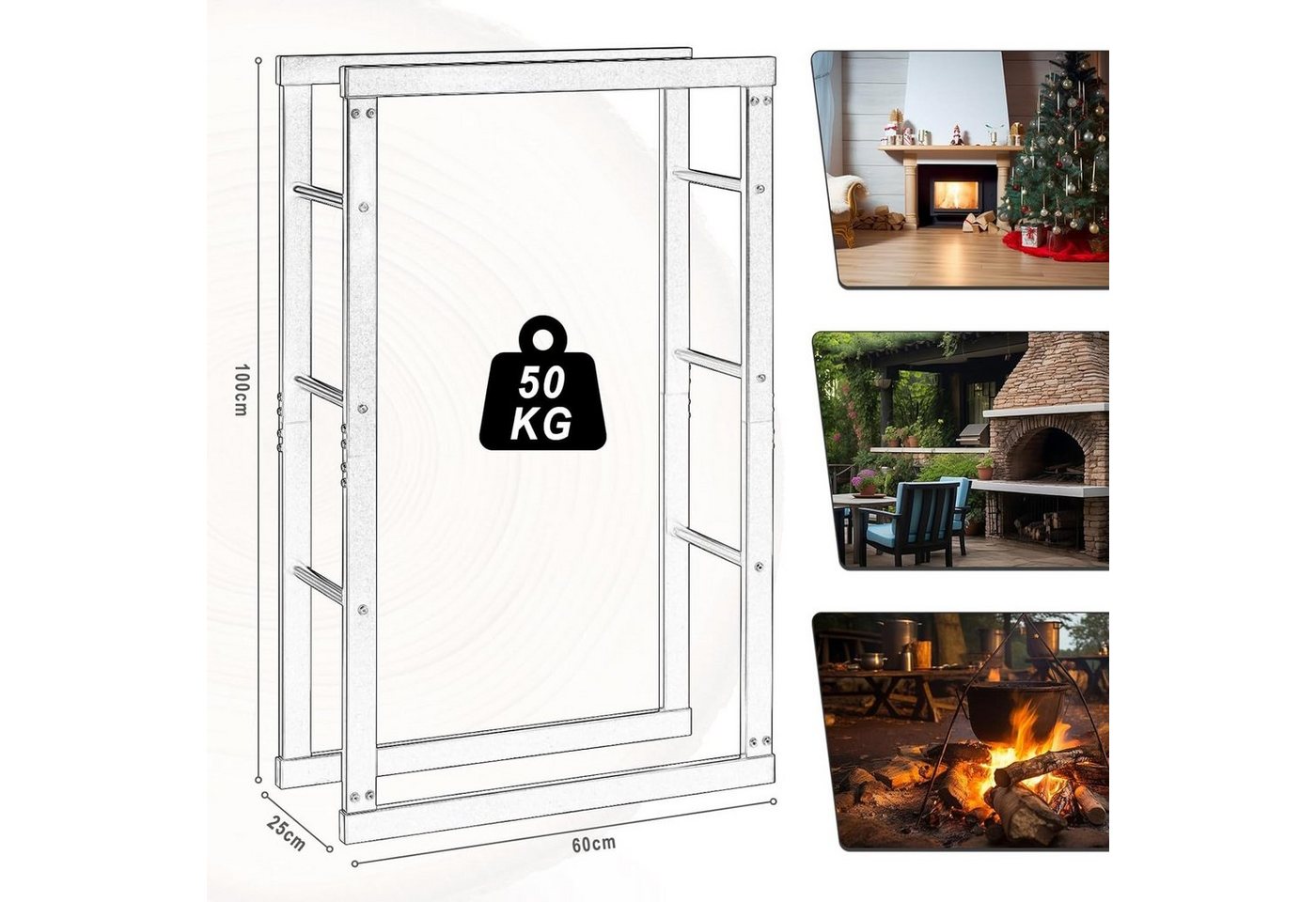 EUGAD Kaminholzregal, BxTxH:60x25x100 cm, (1-St), Innen Außen aus Metall für Kaminholz