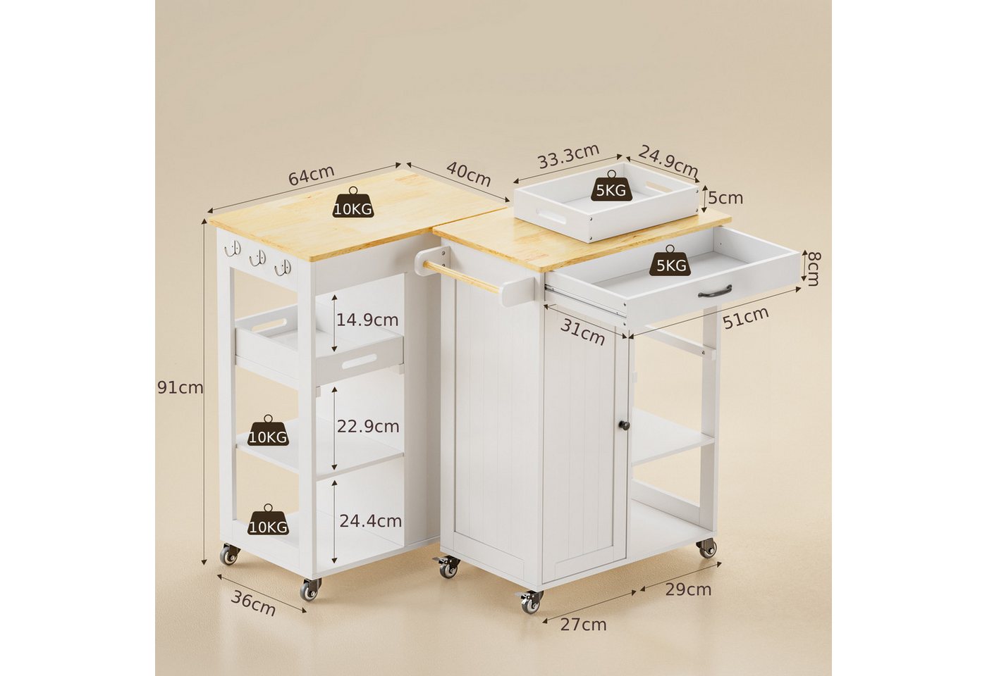 Blishom Küchenwagen Kücheninsel mit Rollen, Schublade, Tablett, 64 × 40 × 91 cm, Handtuchhalter mit Haken, höhenverstellbare Ablagen und Tabletts Bild 4