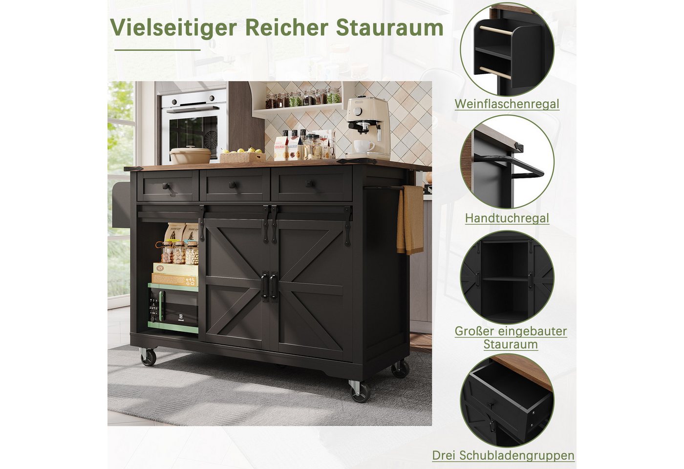 STILVORA Küchenwagen küche,Servierwagen ausziehbarer Küchenwagen mit rollen und Schubladen, (Kücheninsel, Küchen-Esswagen, 1 St., Handtuchhalter, Schubladen, Geschirrschränken mit Türen), mit Stauraum, klappbarer Tischplatteund leicht beweglichen Gummirädern