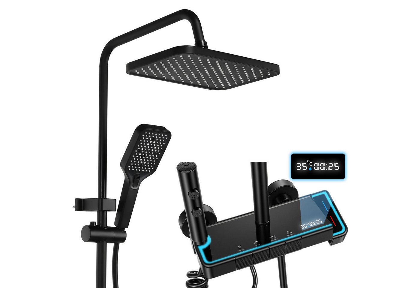 oyajia Duschsystem Duschsystem Schwarz mit LED-Panel,4 Wasserauslässen,Kalt-Heiß-Regelung, 4 Strahlart(en), 95–115 cm höhenverstellbar mit 29 x 19 cm Regendusche