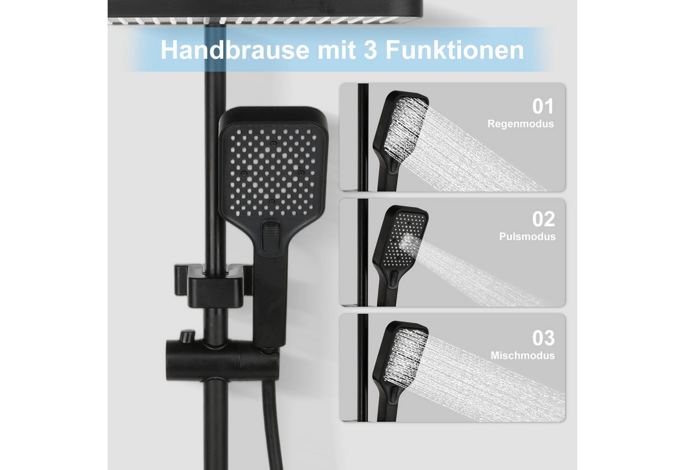 oyajia Duschsystem Duschsystem Schwarz mit LED-Panel,4 Wasserauslässen,Kalt-Heiß-Regelung, 4 Strahlart(en), 95–115 cm höhenverstellbar mit 29 x 19 cm Regendusche Bild 4