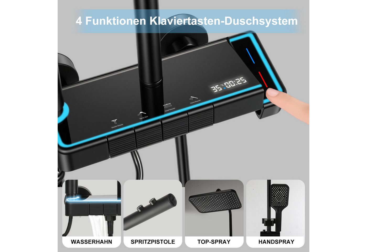 oyajia Duschsystem Duschsystem Schwarz mit LED-Panel,4 Wasserauslässen,Kalt-Heiß-Regelung, 4 Strahlart(en), 95–115 cm höhenverstellbar mit 29 x 19 cm Regendusche Bild 5