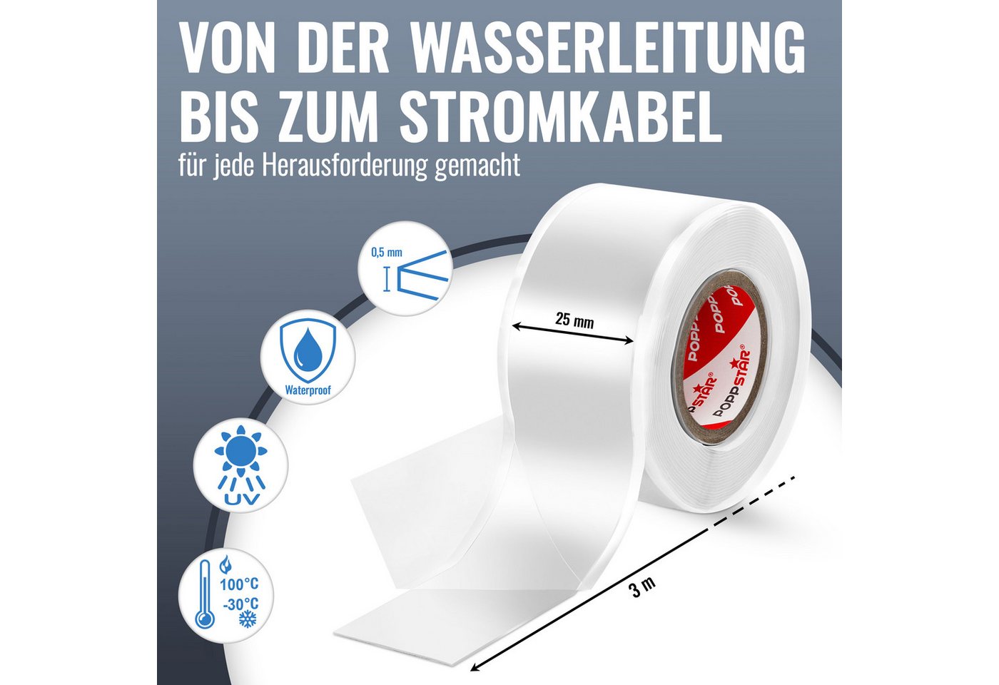 Poppstar Dichtband Silikonband selbstverschweißend zum Isolieren (Wasser, Luft, Strom) (2-St., Farbe weiß) Isolierband und Abdichtband 3m lang, 25mm breit Bild 4