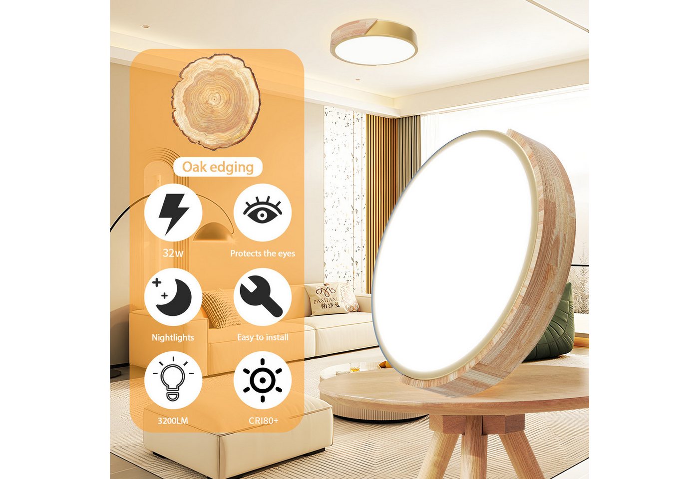 POPOLIC LED Deckenleuchte 24-W-moderne Leuchte, Deckenleuchte Holz, dimmbare Decke 3000k-6000k Bild 2