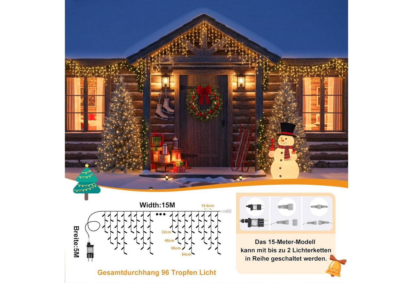 SERBASIC LED-Lichterkette Eisregen Außen, Weihnachtsbeleuchtung mit Timer 8 Modi Lichtervorhang, Anschließbar, für Balkon Geländer Traufe Weihnachtsdeko Bild 5