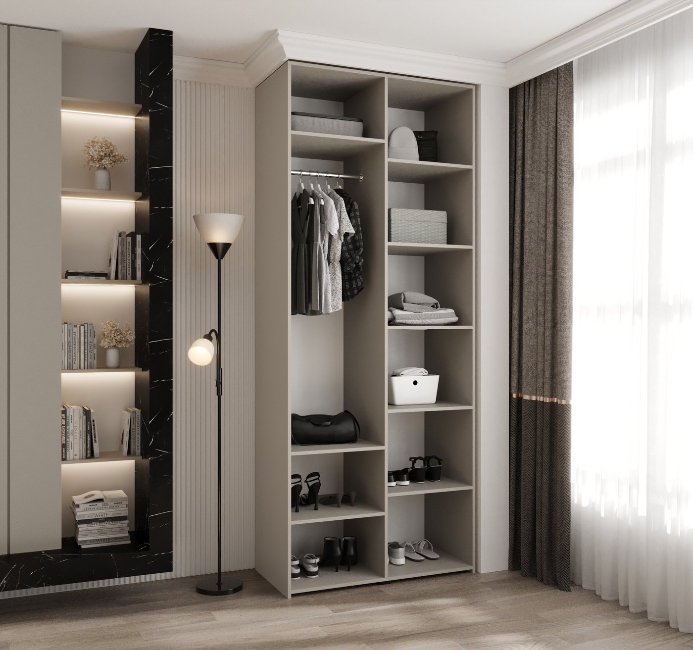 MOEBLO Drehtürenschrank MOCO 2 (Moderner Kleiderschrank mit Soft-Close Türen, Goldgriffe & Viel Stauraum, 100–200 cm, Weiß oder Kaschmir, Schrank Garderobe Schlafzimmer Drehtürenschrank) (BxHxT): 100–200 x 245,5 x 50 cm Bild 3