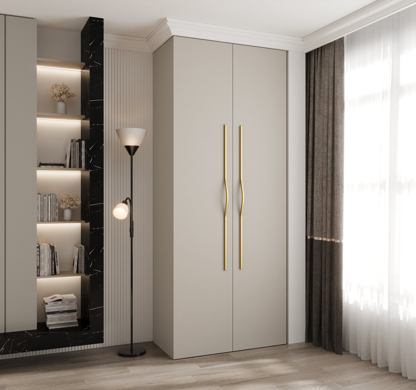 MOEBLO Drehtürenschrank MOCO 2 (Moderner Kleiderschrank mit Soft-Close Türen, Goldgriffe & Viel Stauraum, 100–200 cm, Weiß oder Kaschmir, Schrank Garderobe Schlafzimmer Drehtürenschrank) (BxHxT): 100–200 x 245,5 x 50 cm Bild 4