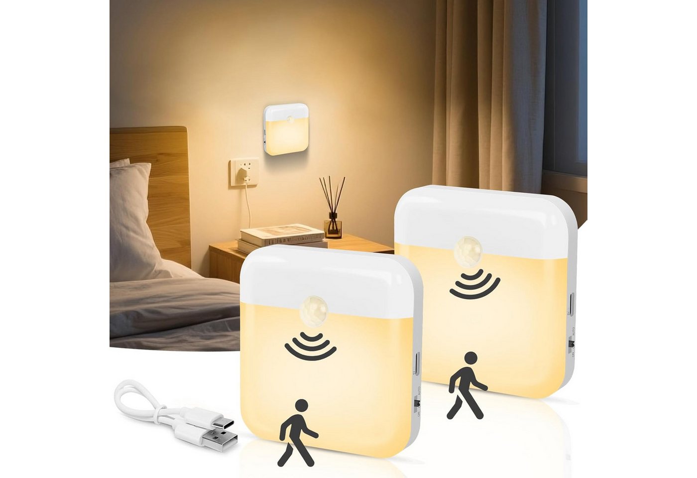 FELIXLEO LED Nachtlicht Nachtlicht mit Bewegungsmelder 2 Stueck Aufladbar Typ C LED