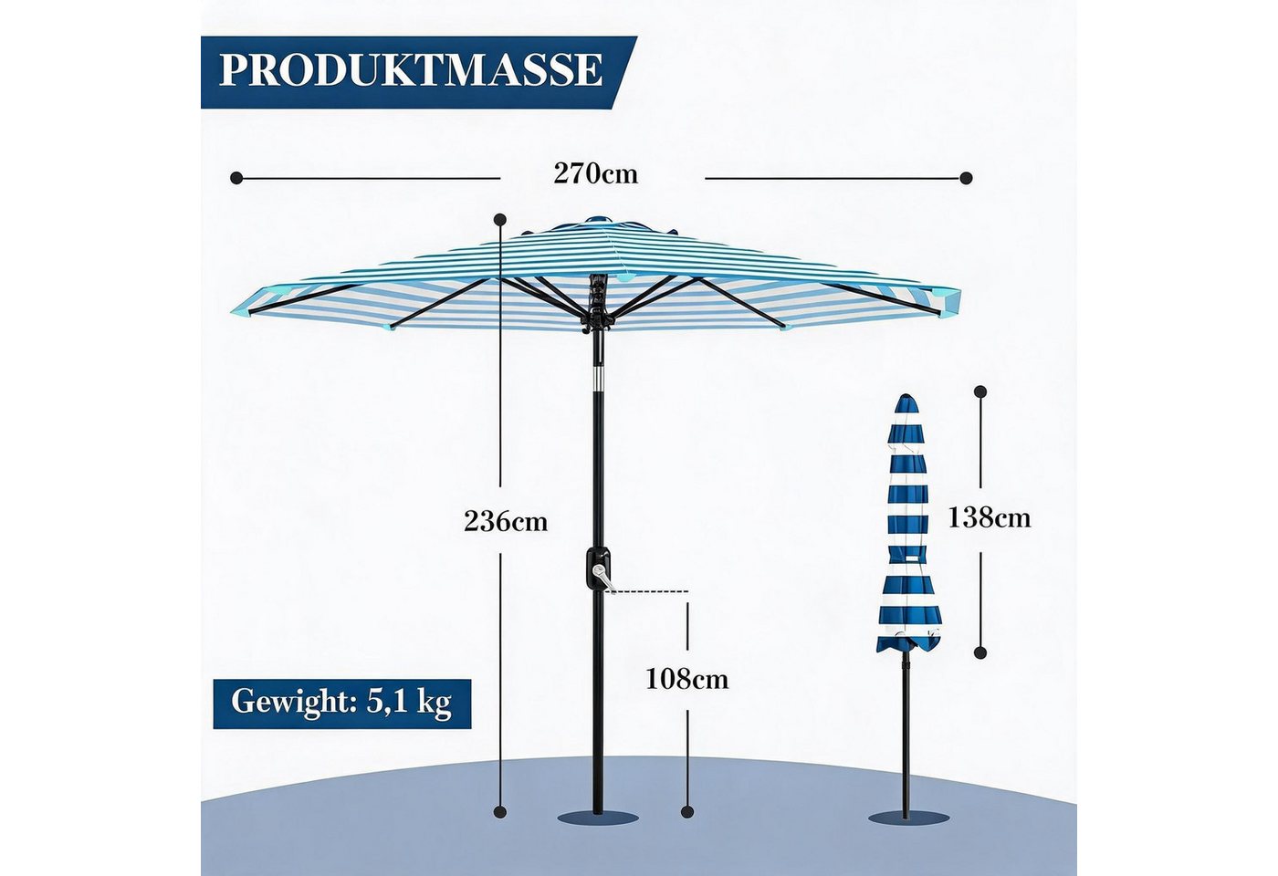 GarveeMore Sonnenschirm Gartenschirm 2,7 m, Outdoor Terrassenschirm mit UPF 50+ UV-Schutz, wasserdichte und farbbeständige Bespannung,Sonnenschirm mit 8 Streben Bild 5
