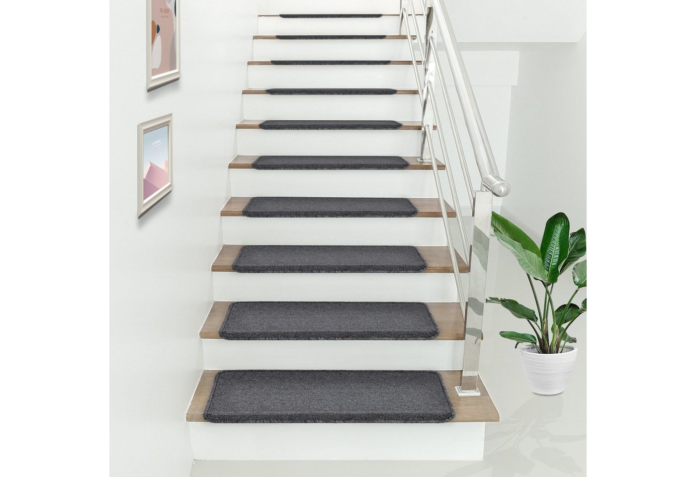 en.casa Stufenmatte, rechteckig, 15er Set Treppenmatten rechteckig 65x24cm selbstklebend Dunkelgrau Bild 3