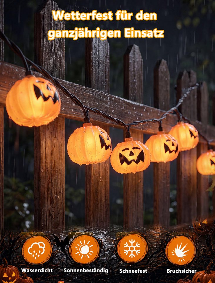 nsihing LED-Lichterkette Halloween-Kürbis-Lichterkette (batteriebetrieben), 3 m / 20 LEDs, niedliche wasserfeste 3D-Kürbisse, Dauerlicht/Flackern