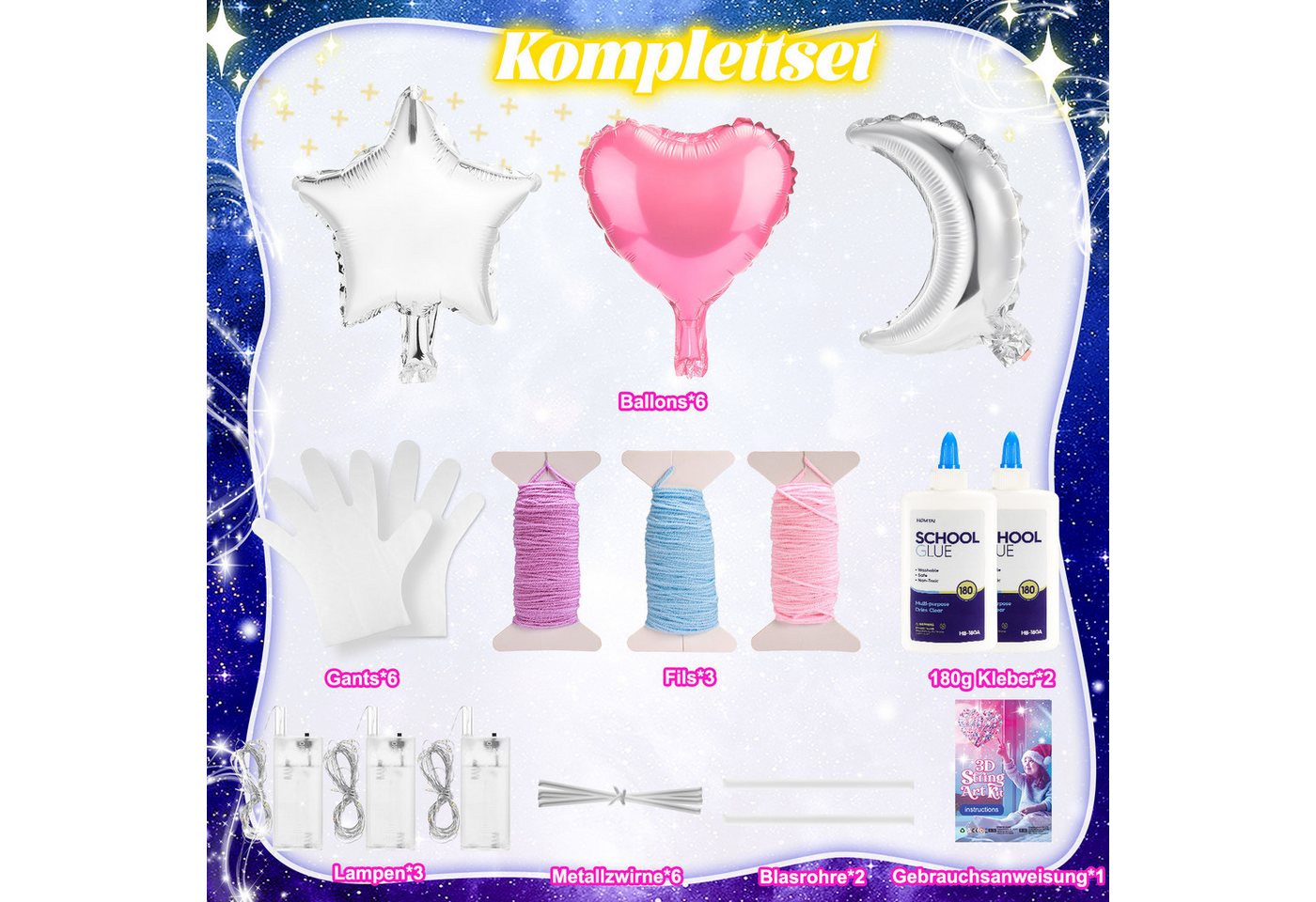 Wootoy Kreativset DIY String Art Bastelset mit Lichterkette Bastelgarn 3D-Fadenkunst-Set, (mit 3 Ballonformen 3 Farbverlauf-Garnen und Bastelzubehör, 3-tlg., Handschuhe unterstützen sauberes Arbeiten), für kreative Bastelprojekte und individuelle Leuchtdekorationen