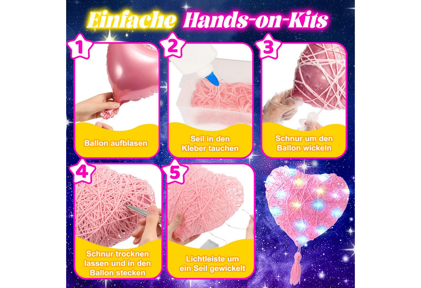 Wootoy Kreativset DIY String Art Bastelset mit Lichterkette Bastelgarn 3D-Fadenkunst-Set, (mit 3 Ballonformen 3 Farbverlauf-Garnen und Bastelzubehör, 3-tlg., Handschuhe unterstützen sauberes Arbeiten), für kreative Bastelprojekte und individuelle Leuchtdekorationen Bild 3