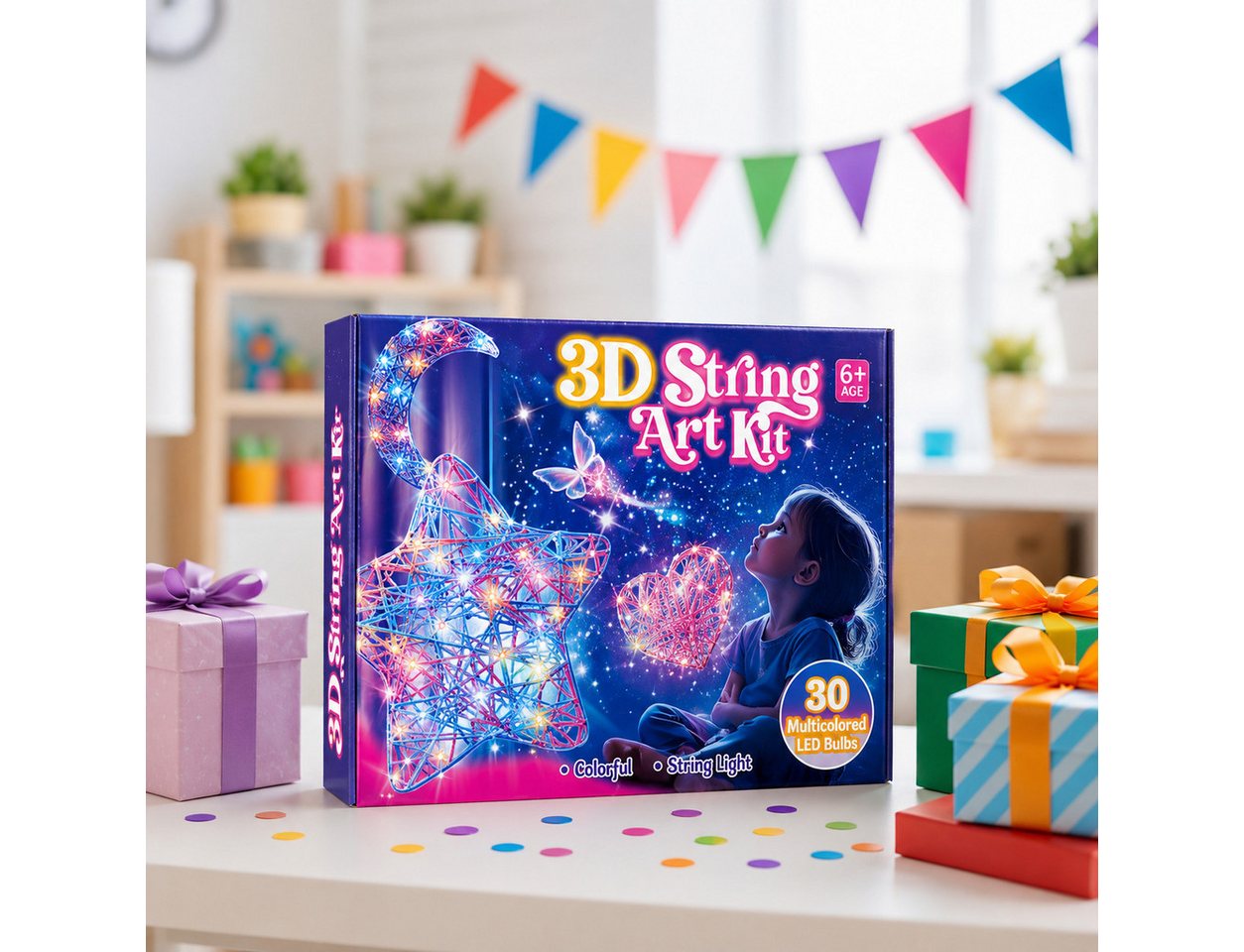 Wootoy Kreativset DIY String Art Bastelset mit Lichterkette Bastelgarn 3D-Fadenkunst-Set, (mit 3 Ballonformen 3 Farbverlauf-Garnen und Bastelzubehör, 3-tlg., Handschuhe unterstützen sauberes Arbeiten), für kreative Bastelprojekte und individuelle Leuchtdekorationen Bild 4