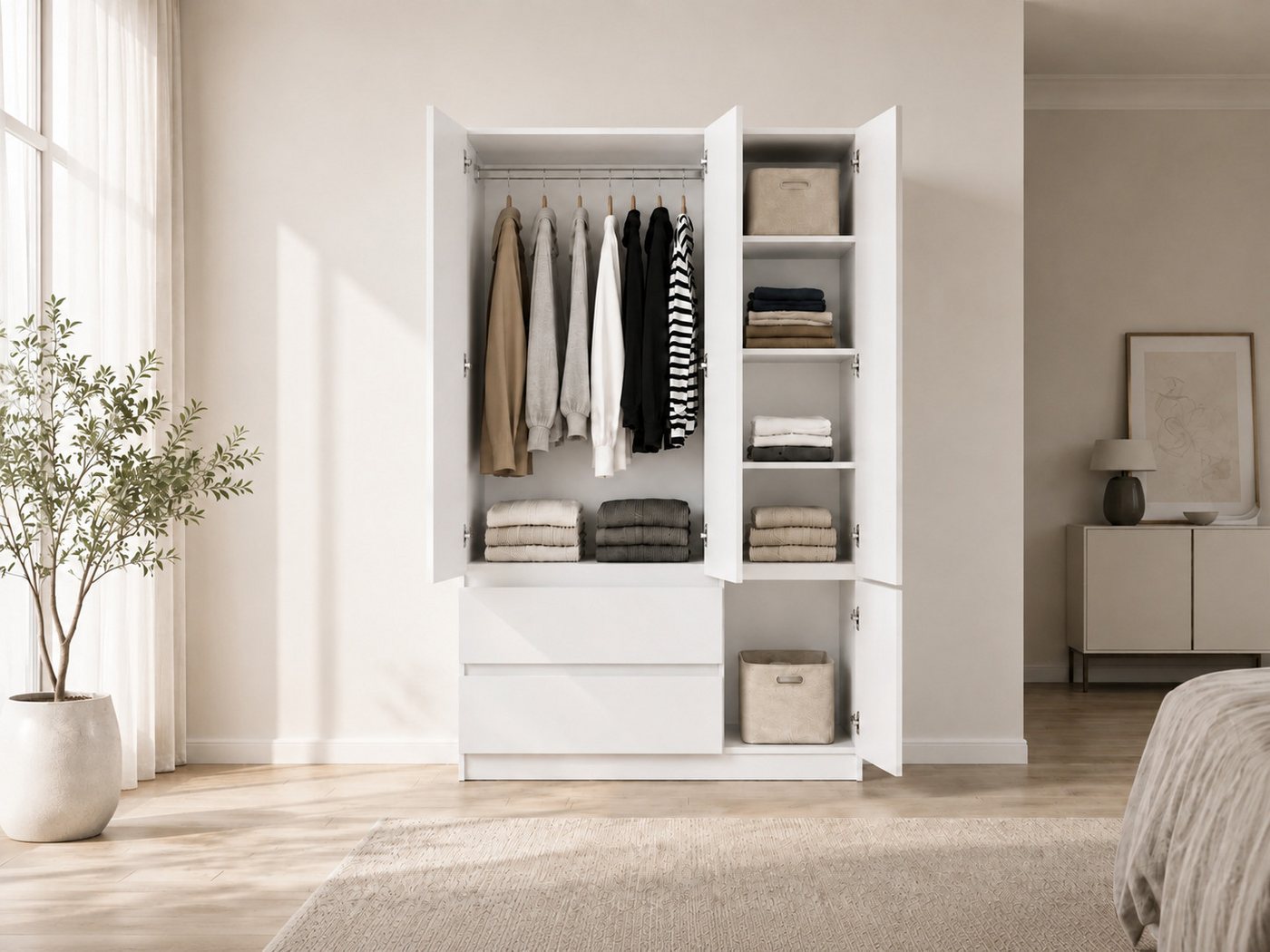 MOEBLO Drehtürenschrank LOSKO 4D2S (Kleiderschrank -120 cm breit, mit 4 Türen, 2 Schubladen, 5 Einlegeböden und Kleiderstange, grifflos) (BxHxT): 120 x 180 x 50 cm