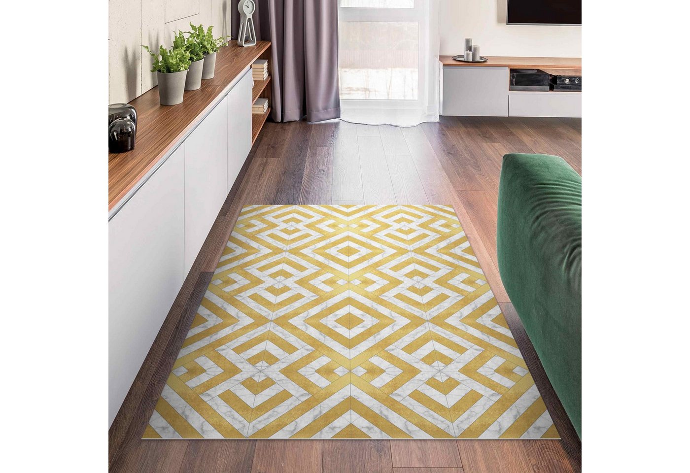 Bilderdepot24 Teppich Vinyl Wohnzimmer Flur Küche Fliesen Steinoptik Marmor, rechteckig - gold glatt, nass wischbar (Küche, Tierhaare) - Saugroboter & Bodenheizung geeignet Bild 3