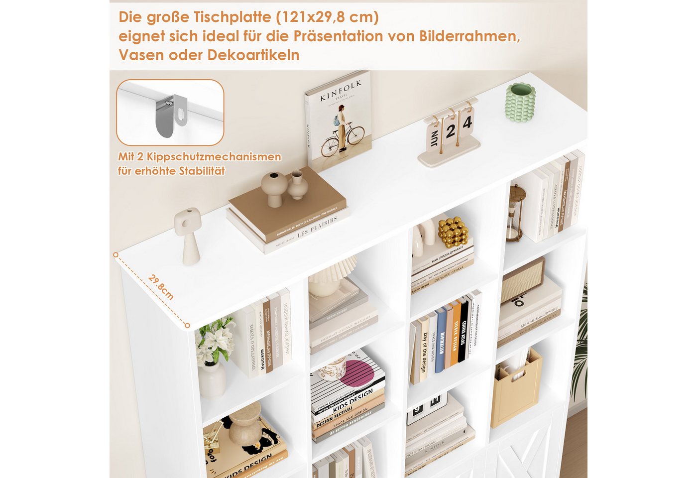 Homfa Bücherregal Standregal Bücherschrank für Kinder und Jugendliche, Bücherregal mit 12 offenen Fächern und 4 Türen Holz 144,8x121x29,8cm