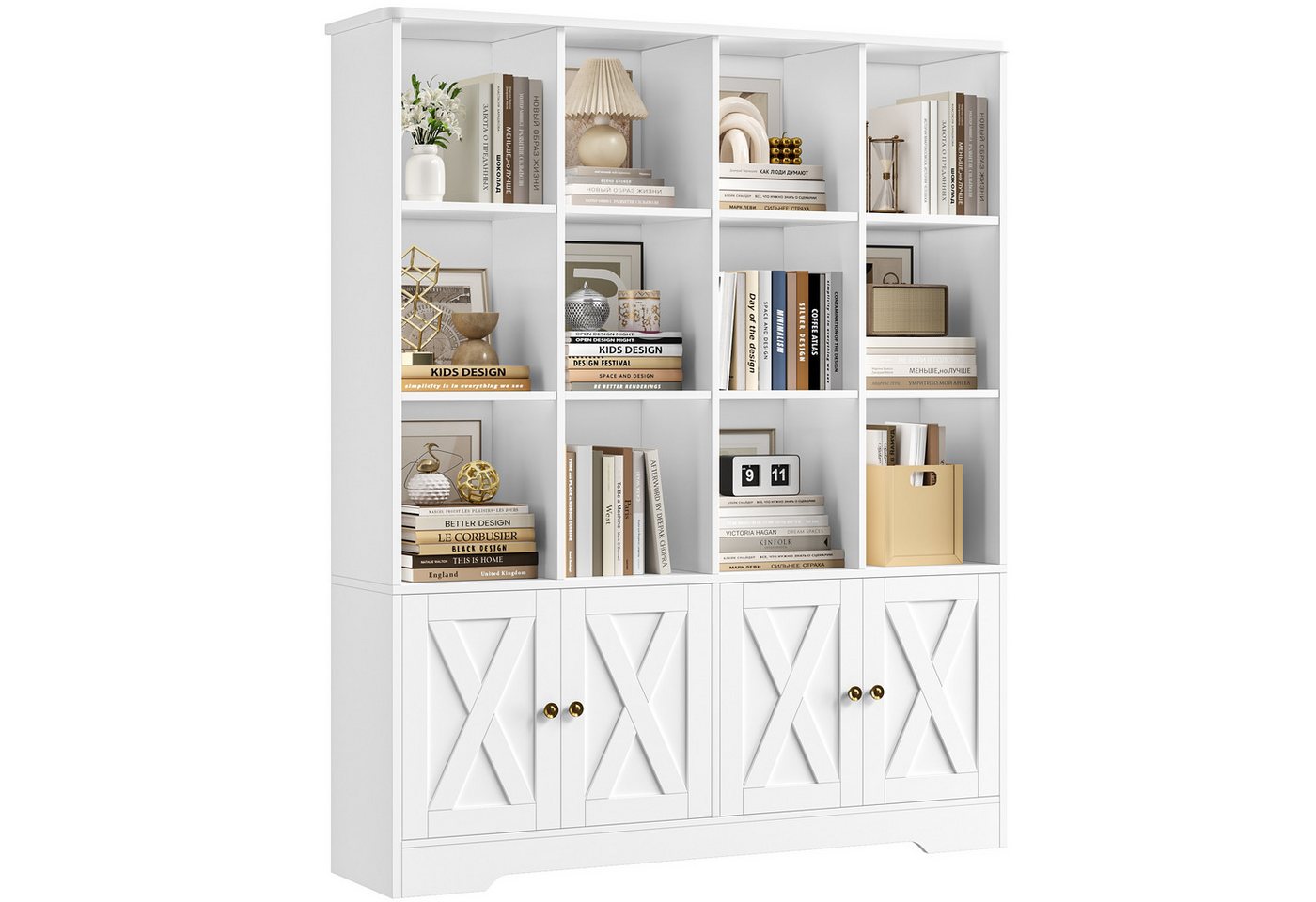 Homfa Bücherregal Standregal Bücherschrank für Kinder und Jugendliche, Bücherregal mit 12 offenen Fächern und 4 Türen Holz 144,8x121x29,8cm Bild 2