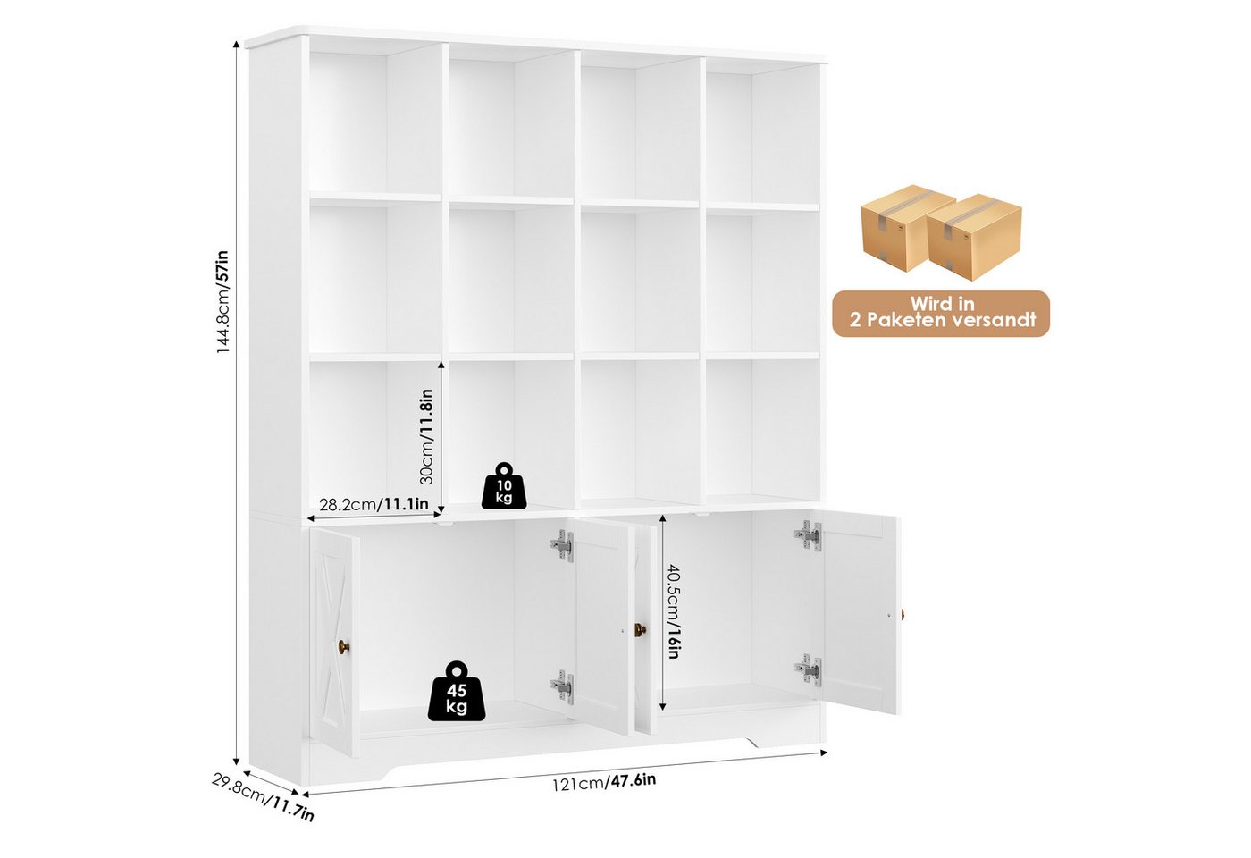 Homfa Bücherregal Standregal Bücherschrank für Kinder und Jugendliche, Bücherregal mit 12 offenen Fächern und 4 Türen Holz 144,8x121x29,8cm Bild 3