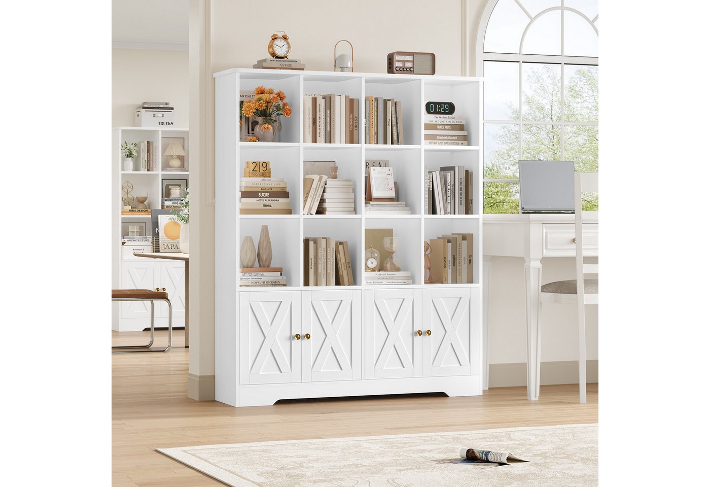 Homfa Bücherregal Standregal Bücherschrank für Kinder und Jugendliche, Bücherregal mit 12 offenen Fächern und 4 Türen Holz 144,8x121x29,8cm Bild 4
