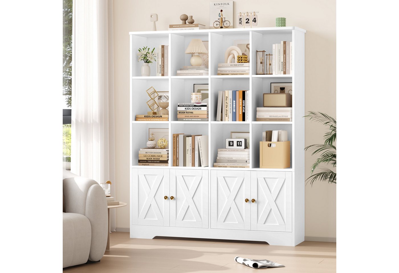 Homfa Bücherregal Standregal Bücherschrank für Kinder und Jugendliche, Bücherregal mit 12 offenen Fächern und 4 Türen Holz 144,8x121x29,8cm Bild 5