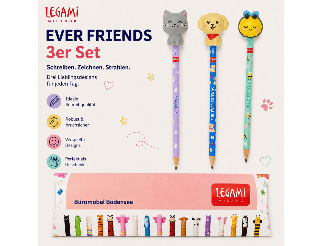 Legami Bleistift LEGAMI Squishy Bleistift 3er-Set Ever Friends Kitty Bee Golden