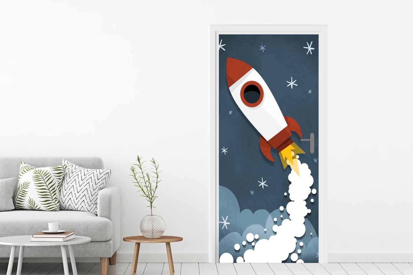 MuchoWow Türtapete Illustration - Rakete - Kinder, Matt, bedruckt, (1 St), Selbstklebende Tapete, Folie für Möbel, 75x205 cm