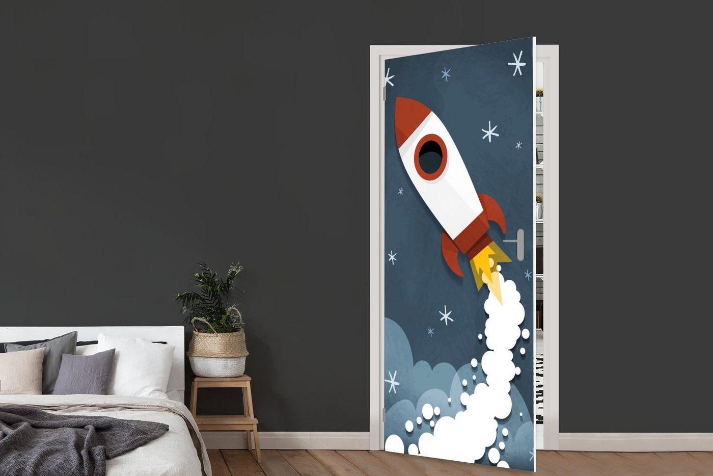 MuchoWow Türtapete Illustration - Rakete - Kinder, Matt, bedruckt, (1 St), Selbstklebende Tapete, Folie für Möbel, 75x205 cm Bild 2