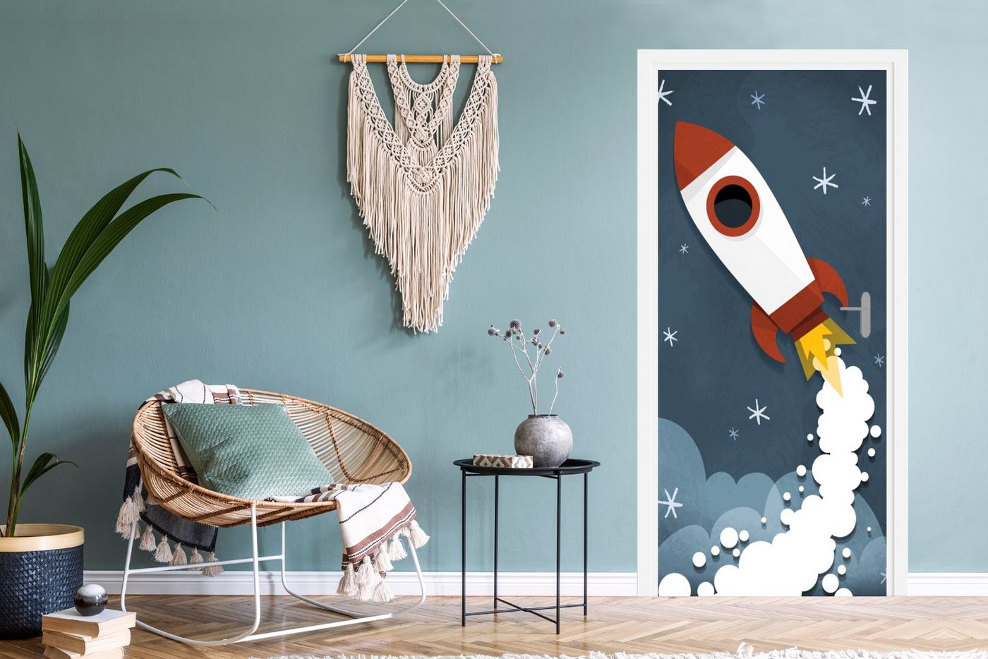 MuchoWow Türtapete Illustration - Rakete - Kinder, Matt, bedruckt, (1 St), Selbstklebende Tapete, Folie für Möbel, 75x205 cm Bild 4