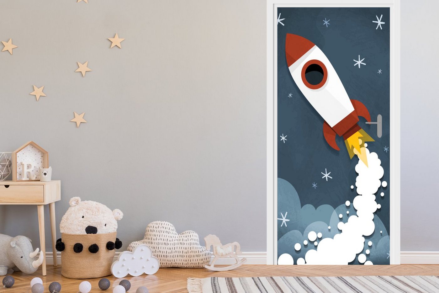 MuchoWow Türtapete Illustration - Rakete - Kinder, Matt, bedruckt, (1 St), Selbstklebende Tapete, Folie für Möbel, 75x205 cm Bild 5