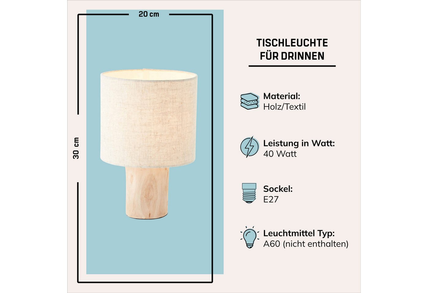 Lightbox Tischleuchte, ohne Leuchtmittel, Tischlampe, 30 cm Höhe, Ø 20 cm, E27, max. 40 W, Schalter, beige Bild 2
