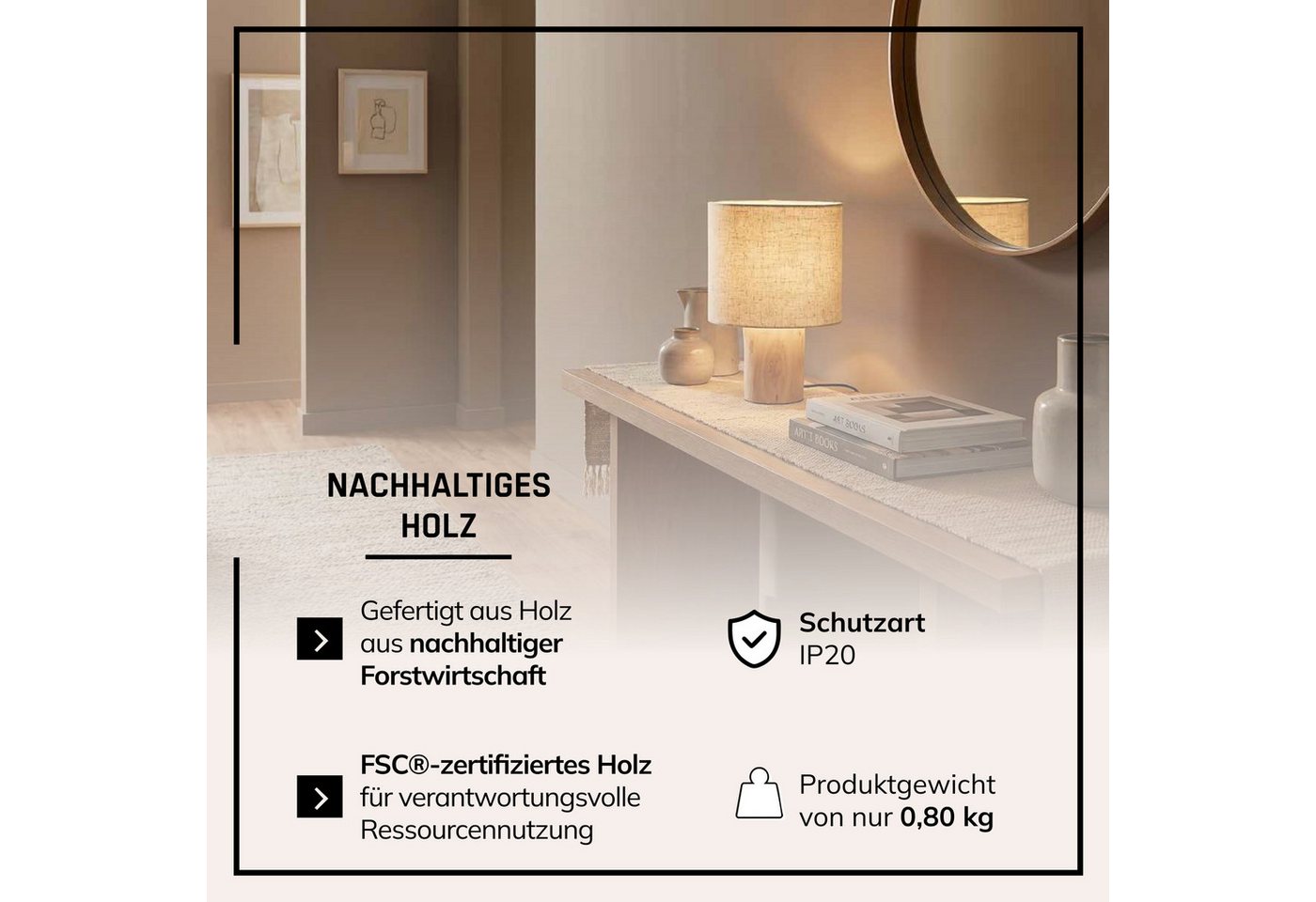 Lightbox Tischleuchte, ohne Leuchtmittel, Tischlampe, 30 cm Höhe, Ø 20 cm, E27, max. 40 W, Schalter, beige Bild 5