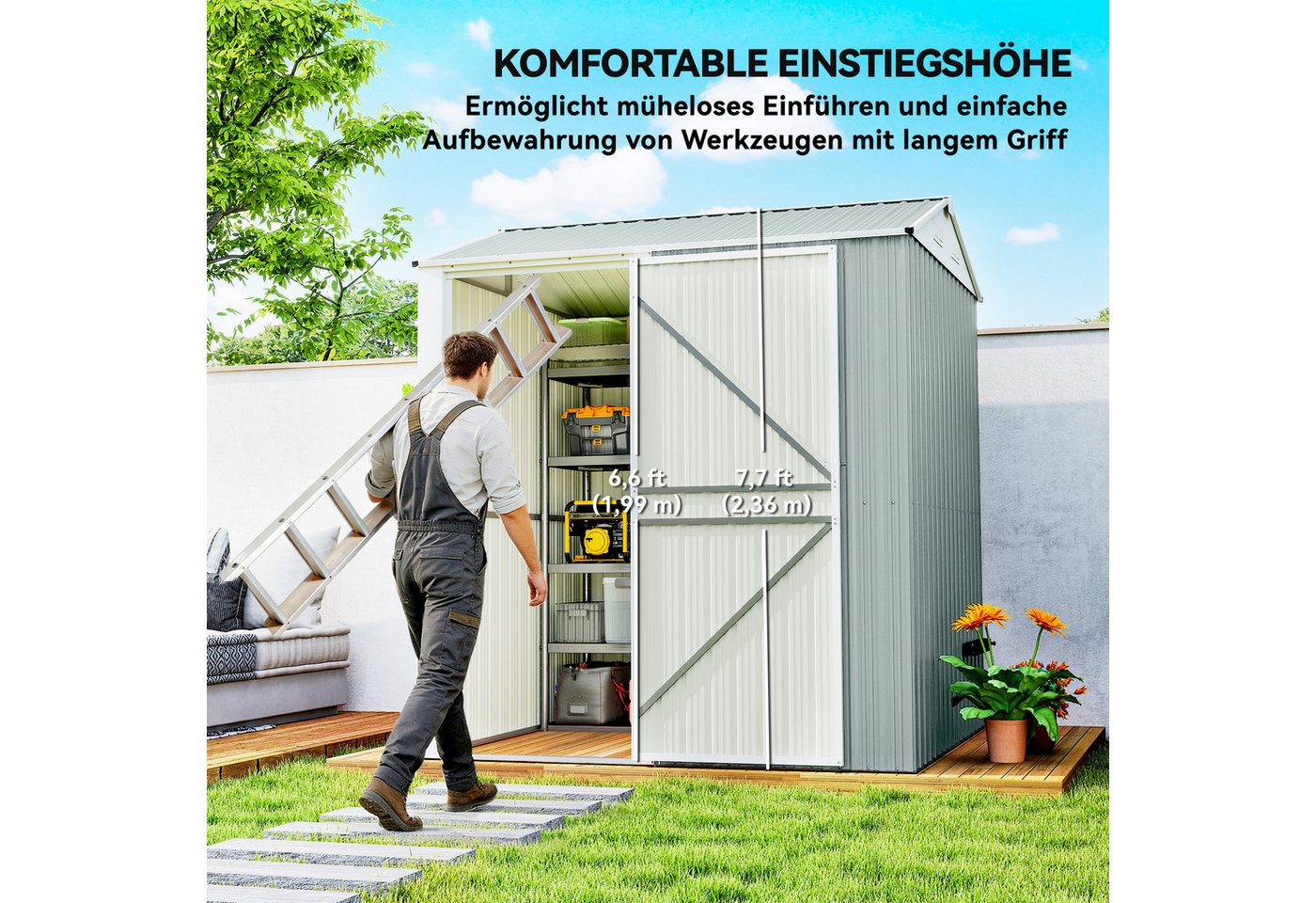 Outsunny Gerätehaus mit Sattedach, Lüftungen, Handschuhen, BxT: 209x177 cm, (Geräteschuppen, 1 St., Garten Schuppen), für Hinterhof Garten Hellgrau Bild 3