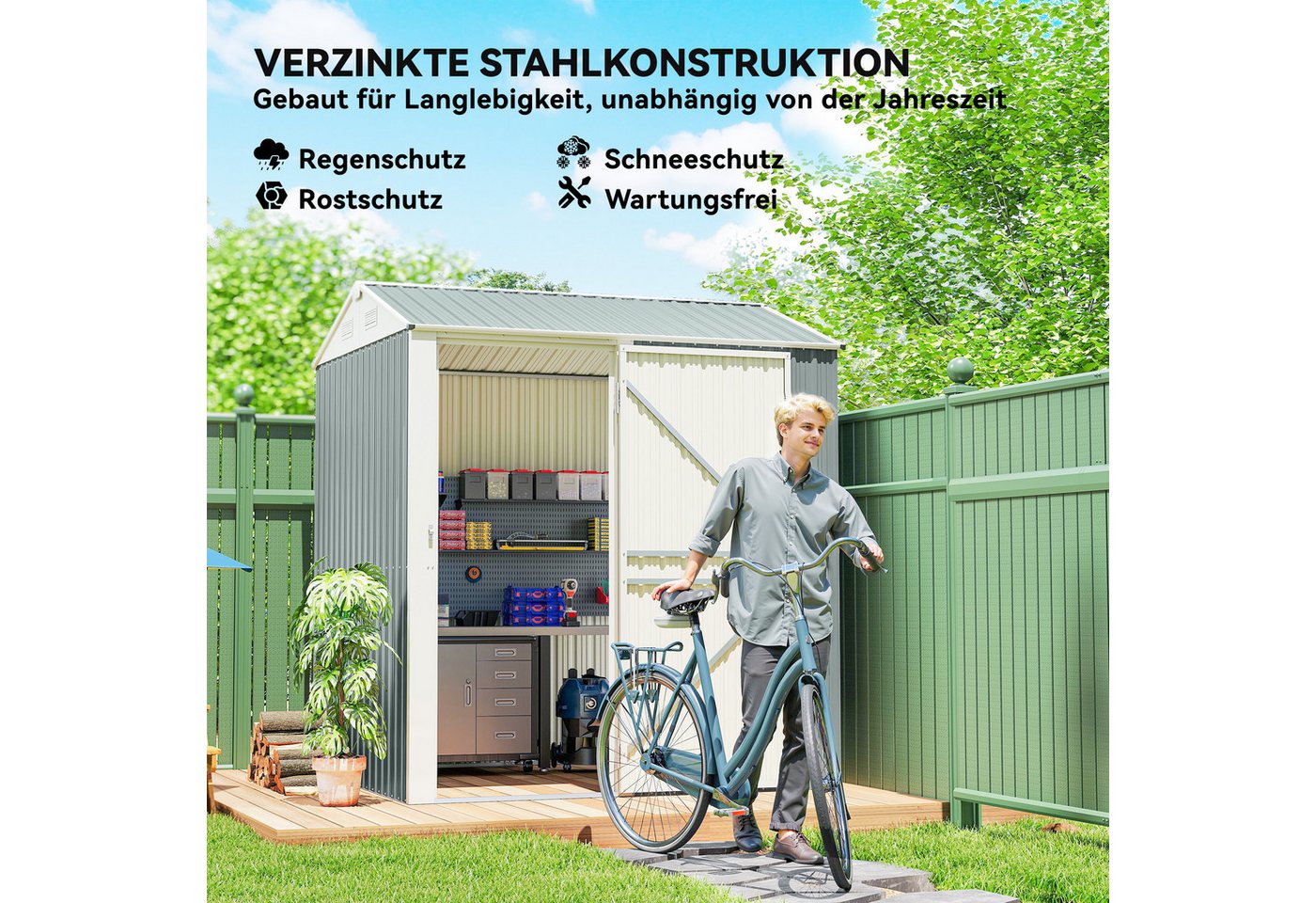 Outsunny Gerätehaus mit Sattedach, Lüftungen, Handschuhen, BxT: 209x177 cm, (Geräteschuppen, 1 St., Garten Schuppen), für Hinterhof Garten Hellgrau Bild 5