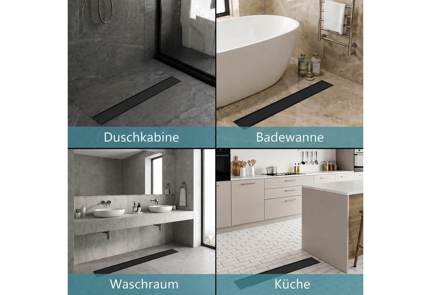 SaniteModar Duschrinne Schwarz Befliesbar Duschrinne extra flach, Edelstahl Bodenablauf, 1-St., 2-in-1 Wendbare Duschrinne, 60 cm