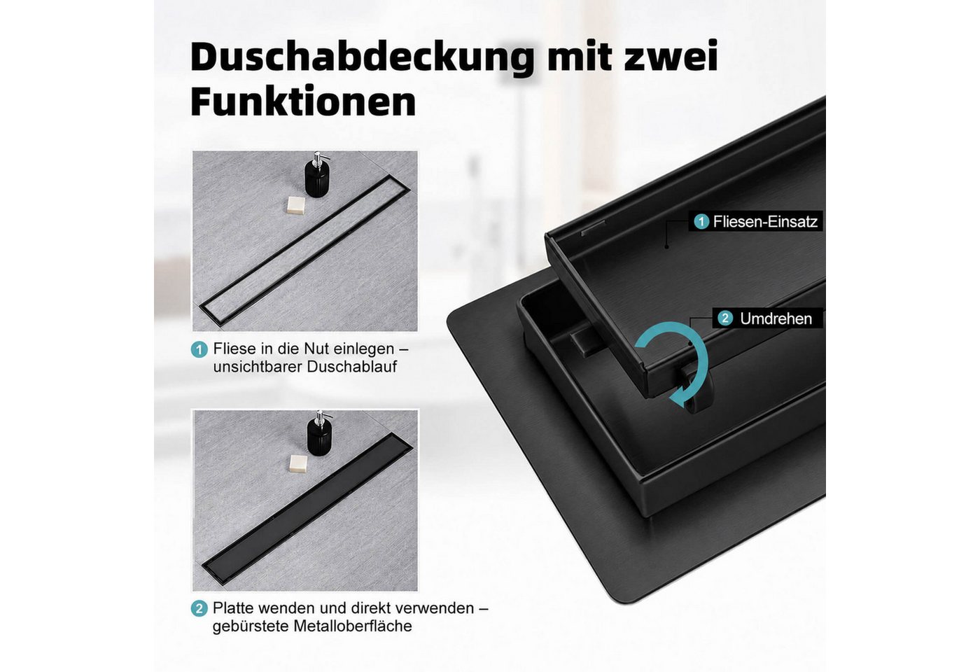 SaniteModar Duschrinne Schwarz Befliesbar Duschrinne extra flach, Edelstahl Bodenablauf, 1-St., 2-in-1 Wendbare Duschrinne, 60 cm Bild 5