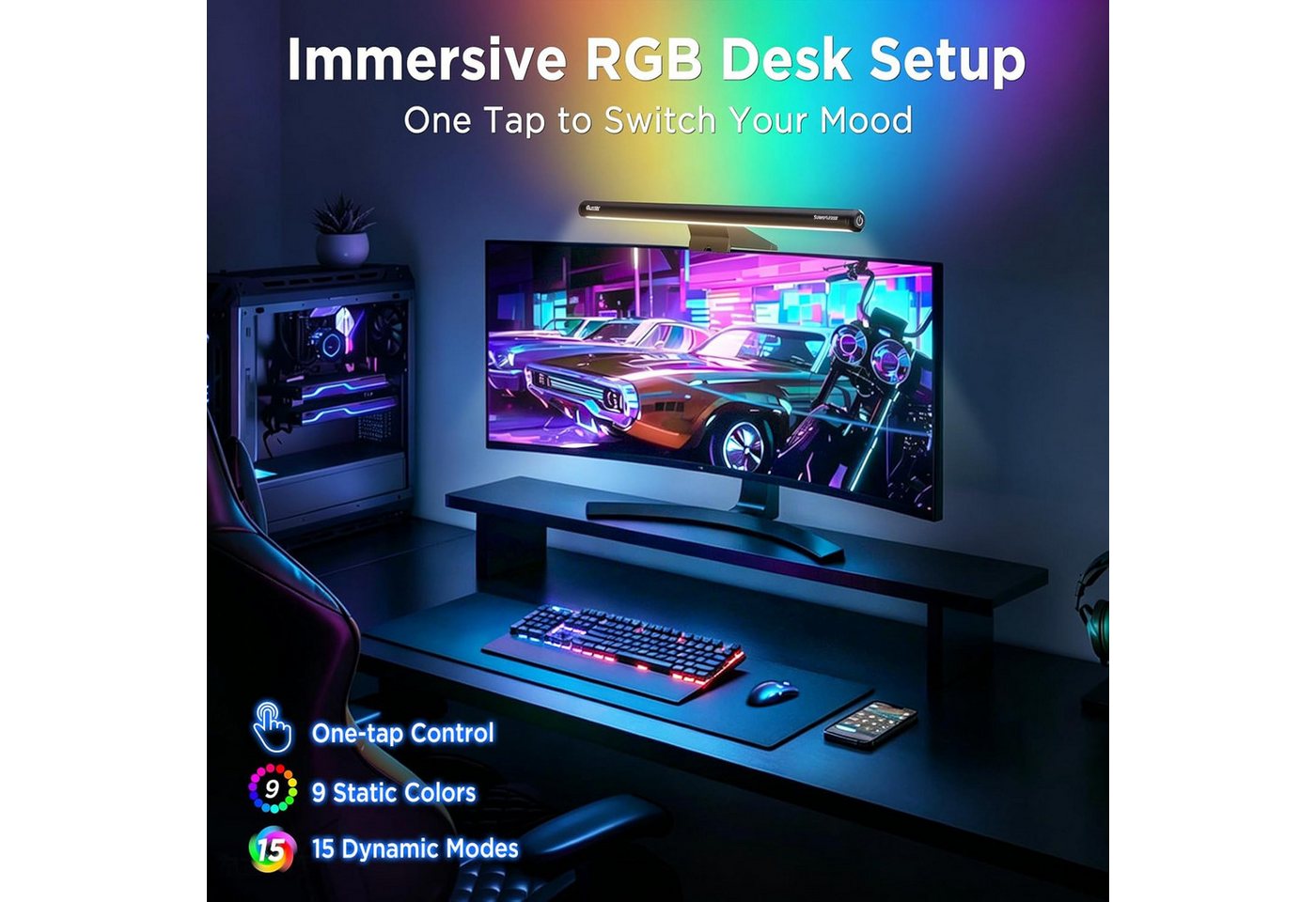 ibettertec Schreibtischlampe LED Monitorlampe mit RGB Hintergrundbeleuchtung, 44 cm, LED fest integriert, Bildschirmleuchte mit Touch-Steuerung, einstellbare Farbtemperatur, und Helligkeit, USB Schreibtischlampe für PC Monitor Bild 4