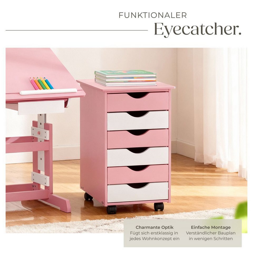 tectake Rollcontainer Schreibtischcontainer 36 x 40 x 65 cm aus Holz, einfache Montage, (Bürokommode, in rosa), 4 leichtgängige drehbare Doppelrollen, 6 Schubladen, runde Kanten