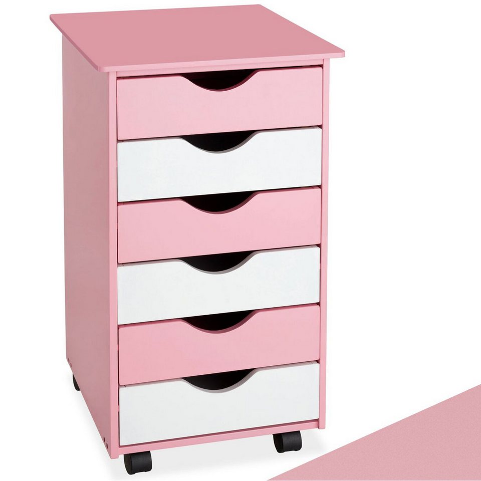 tectake Rollcontainer Schreibtischcontainer 36 x 40 x 65 cm aus Holz, einfache Montage, (Bürokommode, in rosa), 4 leichtgängige drehbare Doppelrollen, 6 Schubladen, runde Kanten Bild 2