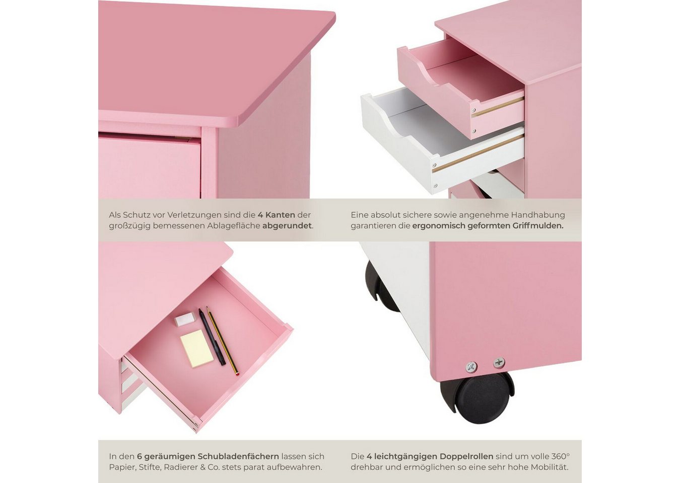 tectake Rollcontainer Schreibtischcontainer 36 x 40 x 65 cm aus Holz, einfache Montage, (Bürokommode, in rosa), 4 leichtgängige drehbare Doppelrollen, 6 Schubladen, runde Kanten Bild 3