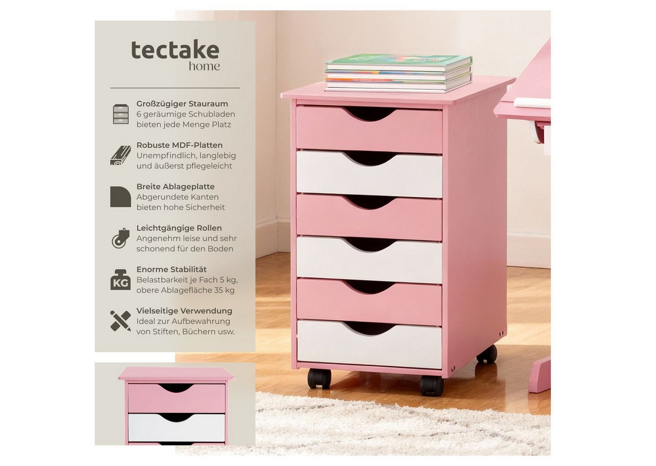 tectake Rollcontainer Schreibtischcontainer 36 x 40 x 65 cm aus Holz, einfache Montage, (Bürokommode, in rosa), 4 leichtgängige drehbare Doppelrollen, 6 Schubladen, runde Kanten Bild 4