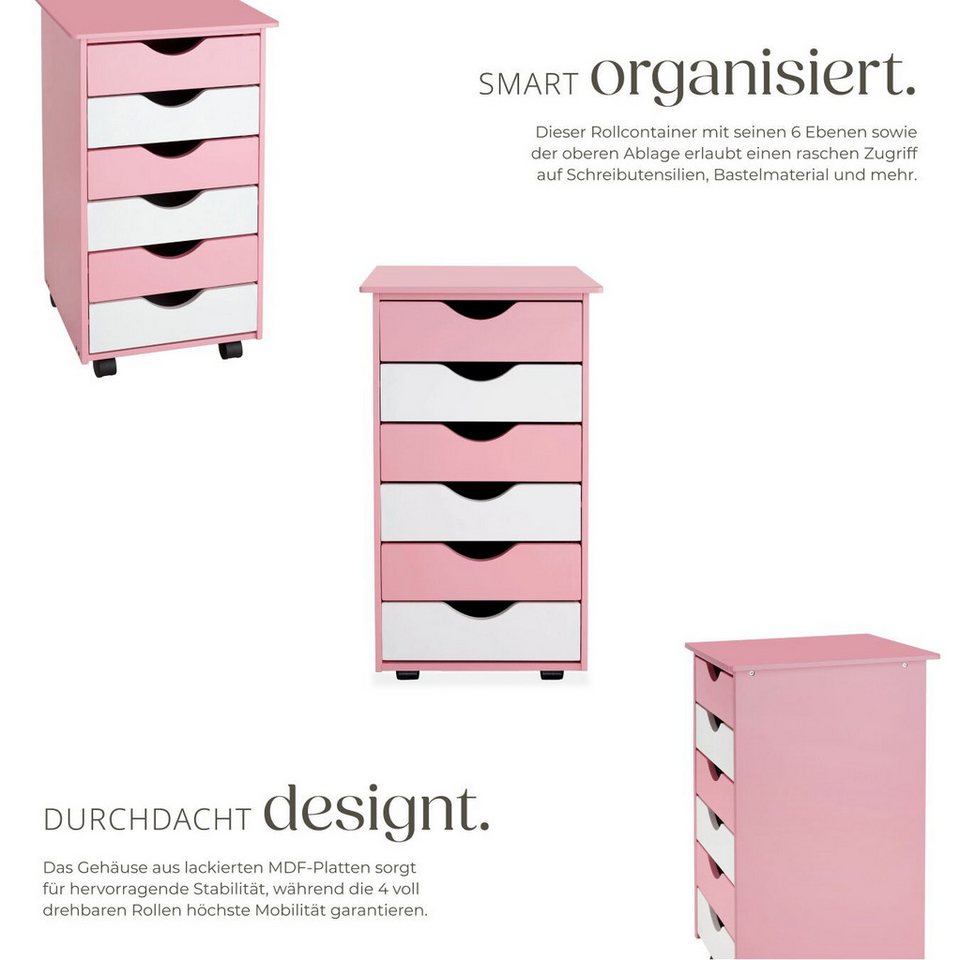 tectake Rollcontainer Schreibtischcontainer 36 x 40 x 65 cm aus Holz, einfache Montage, (Bürokommode, in rosa), 4 leichtgängige drehbare Doppelrollen, 6 Schubladen, runde Kanten Bild 5
