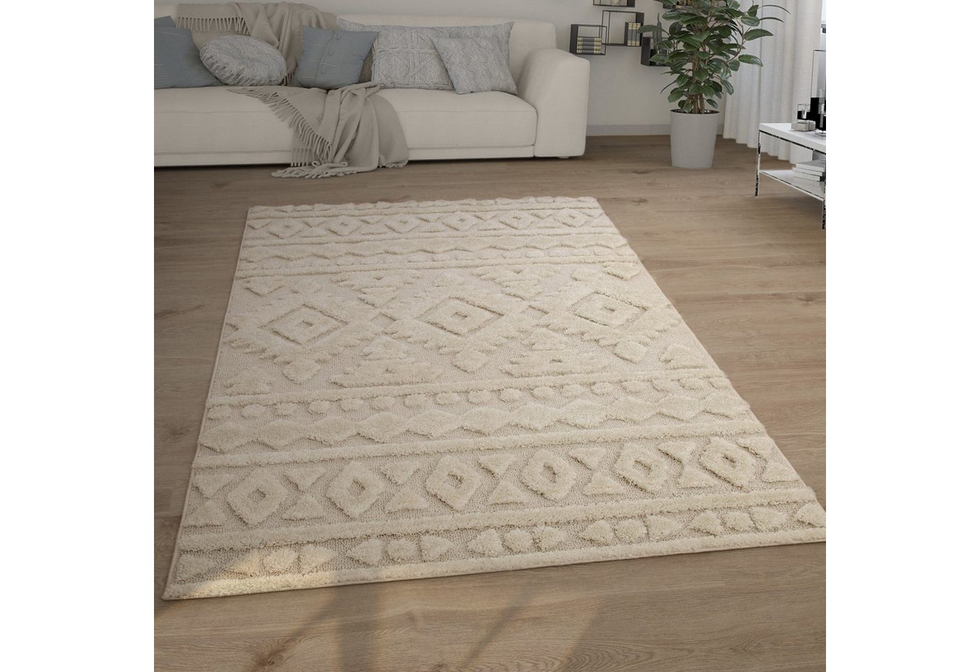 KADIMA DESIGN Teppich Struktur 3D Schlafzimmer schmutzabweisend Hochflor Teppich Shaggy, Rechteckig, Höhe: 34 mm, Florhöhe: 30 mm, Polypropylen, Läufer, 60x100, Creme