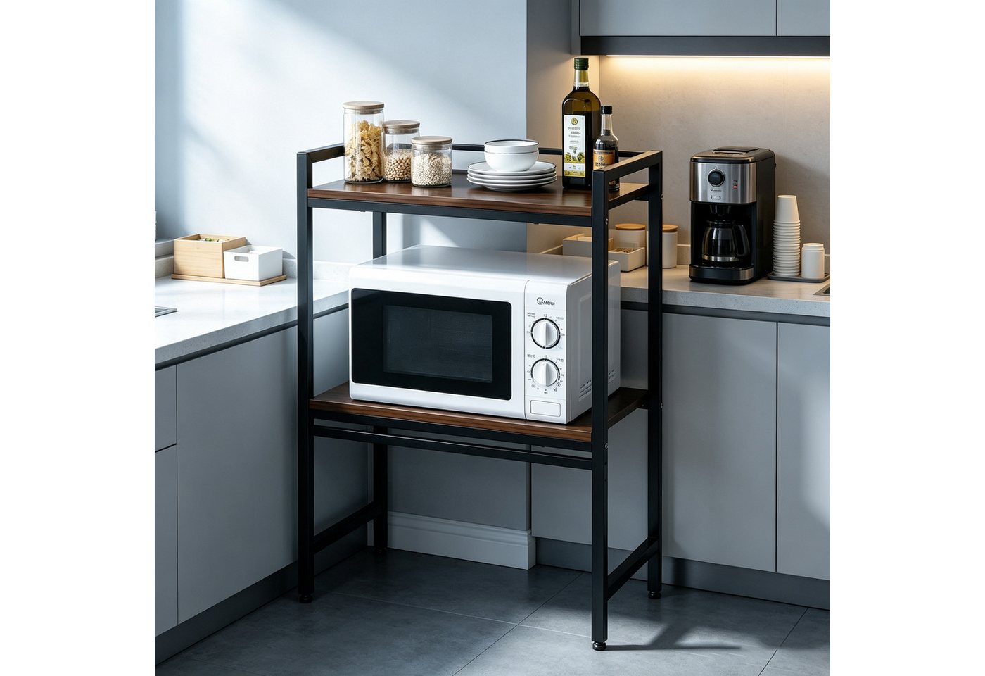 ibettertec Standregal Standregal Küchenregal Mikrowellen Regal 2 Stufiges, Mikrowellenregal Mikrowellenständer Mikrowellenhalter Küchenorganizer ständer, geeignet für Küchen, Schlafzimmer, Wohnzimmer und Arbeitszimmer