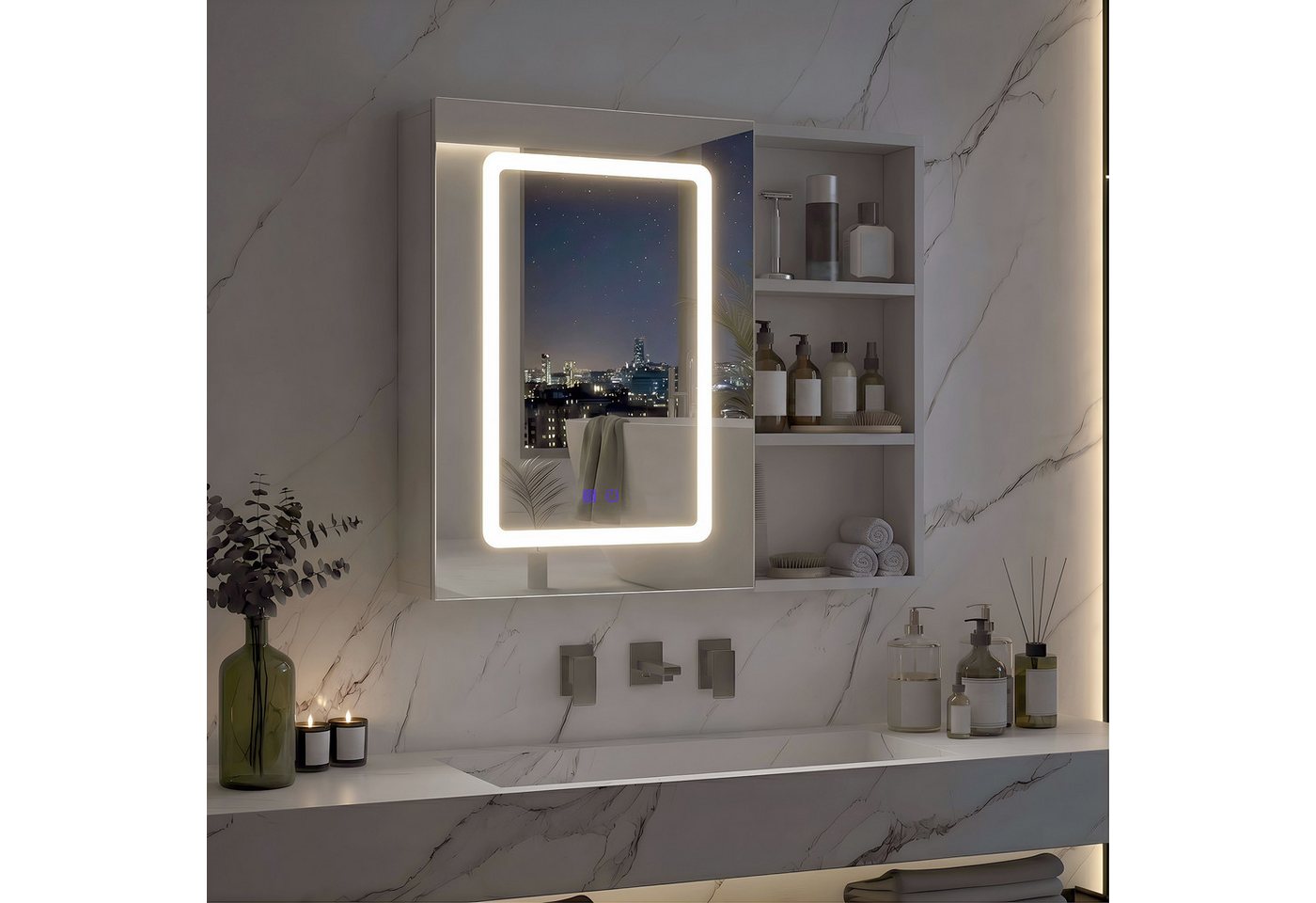 Gdood Badezimmerspiegelschrank Spiegelschrank Doppeltür Hängeschrank mit Stauraum (1-St., Einstellung der warmen und kalten Farbtemperatur 3000/4500/6400K) inkl. LED-Beleuchtung, Stecker, Touchschalter, Beschlagfrei