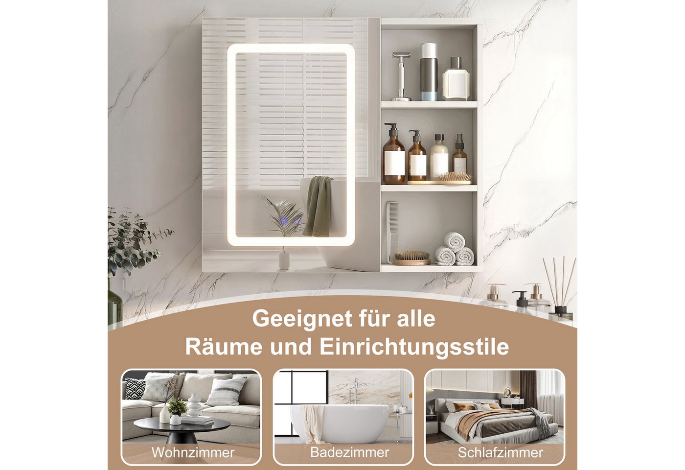 Gdood Badezimmerspiegelschrank Spiegelschrank Doppeltür Hängeschrank mit Stauraum (1-St., Einstellung der warmen und kalten Farbtemperatur 3000/4500/6400K) inkl. LED-Beleuchtung, Stecker, Touchschalter, Beschlagfrei Bild 4
