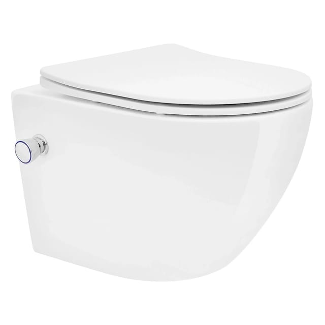 LuxeBath Wand Hänge WC Spülrandlos mit Bidet-Funktion Weiß Keramik Kurz 49 cm
