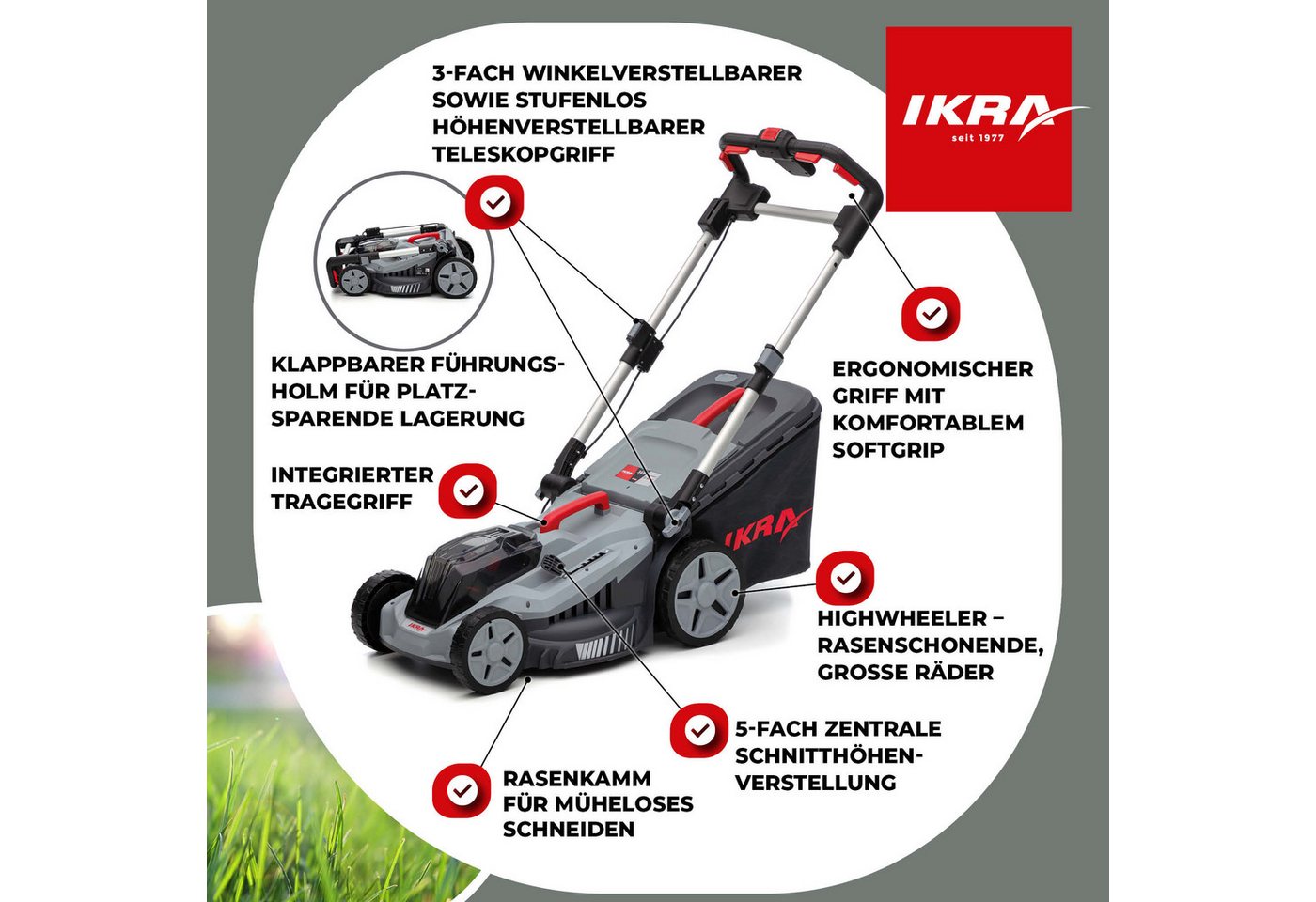ikra GmbH Akkurasenmäher IB-LM 43, 43 cm Schnittbreite, (Mit Akku & Ladergerät), kompatibel mit BOSCH 36V