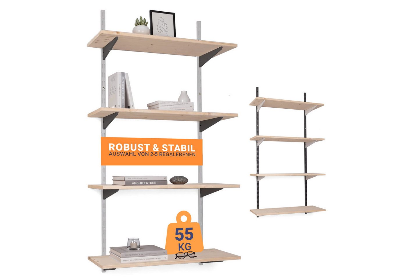 BOOMET Wandregal Regal Bausatz weiß/schwarz, 80 12-tlg., Wandboard Bücherregal Hängeregal Leimholz Holzboden